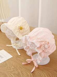 1顶蕾丝花朵新生儿女宝宝公主风帽子，带荷叶边和系带，透气网眼遮阳帽，适合春夏佩戴 - 1PC - 查看 1