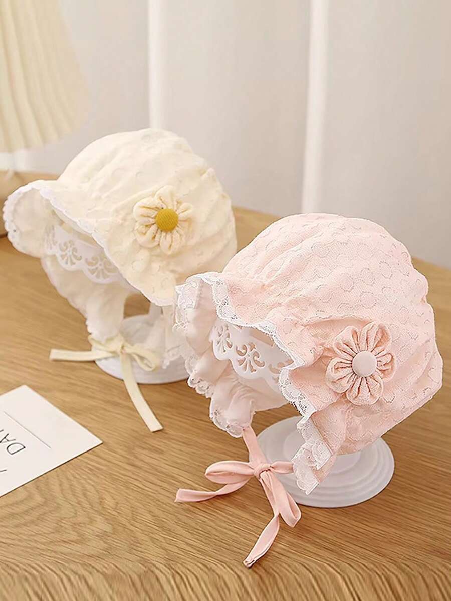 1顶蕾丝花朵新生儿女宝宝公主风帽子，带荷叶边和系带，透气网眼遮阳帽，适合春夏佩戴 - 1PC - 查看 1