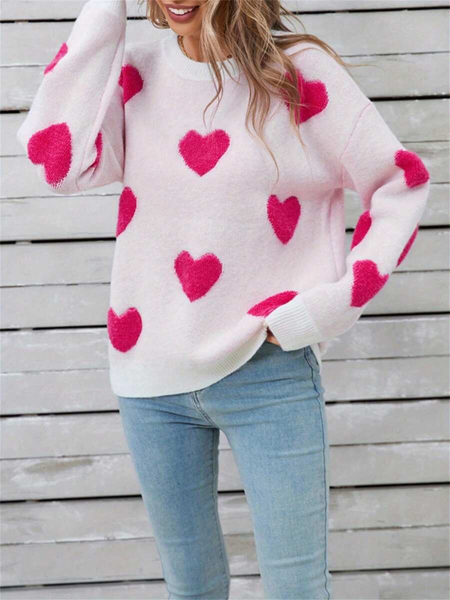 Women's Autumn Winter Knit Sweater Long Sleeve Crewneck Heart Print Casual Knitwear