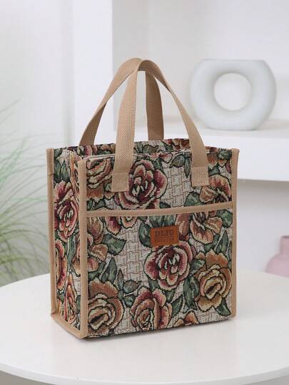 DLIU 新款加厚提花面料手提袋、午餐袋、便当袋、保温饭盒袋、手提袋、多功能袋，带铝箔隔热层，拉链开合（非全封闭）