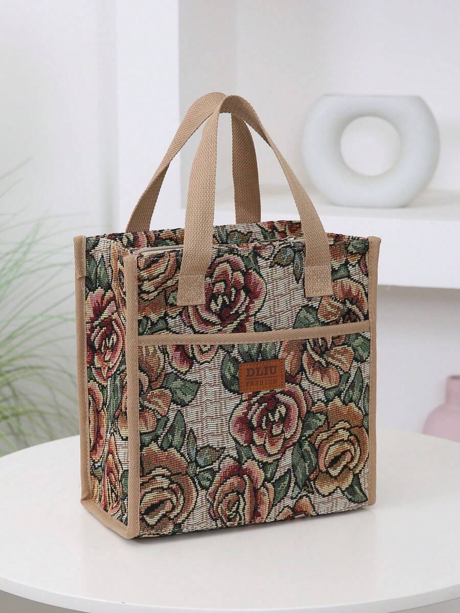 DLIU 新款加厚提花面料手提袋、午餐袋、便当袋、保温饭盒袋、手提袋、多功能袋，带铝箔隔热层，拉链开合（非全封闭）