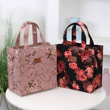 New Thick Flower Print Fabric Tote Bag, Large Capacity Portable Lunch Box Organizer Bag, Suitable For Work Commuting, Carrying Lunch, Outdoor Shopping, Lunch Box Storage, Daily Use, Lunch Bag, Hand Carry Bag. Retro Style For Back To School Season Insulated Woman Lunch Box Bag For Women Ladies School Supplies Stuff Accessories - Burgundy - View 2