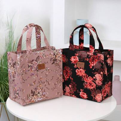 New Thick Floral Print Fabric Tote Bag, Large Capacity Portable Lunch Box Storage Bag, Suitable For Work Commute, Bring Lunch, Outdoor Shopping, Lunch Box Storage, Daily Use, Retro Back To School SeasonInsulatedLunch BagWomanLunch Box Bag For Women LadiesSchool Supplies Stuff Accessories