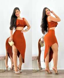 Women's Cropped Set With Ruffle And Skirt - Óxido marrón - Ver 2