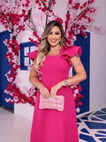 NEW!!! Aurora Dress With Details On The Midi Sleeve - Hot Pink - View 3