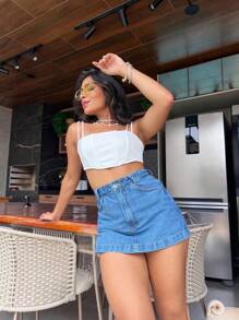 Women Denim Shorts - 中等水洗藍 - 查看 2