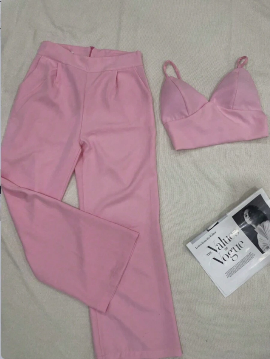Elegant Tailored Set With Palazzo Pants And Cropped Top/DD032 - Pink - View 1