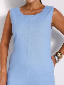 Elegant Linen Pantaloon Jumpsuit Wide Legs And Discreet Pockets - Baby Blue - View 5