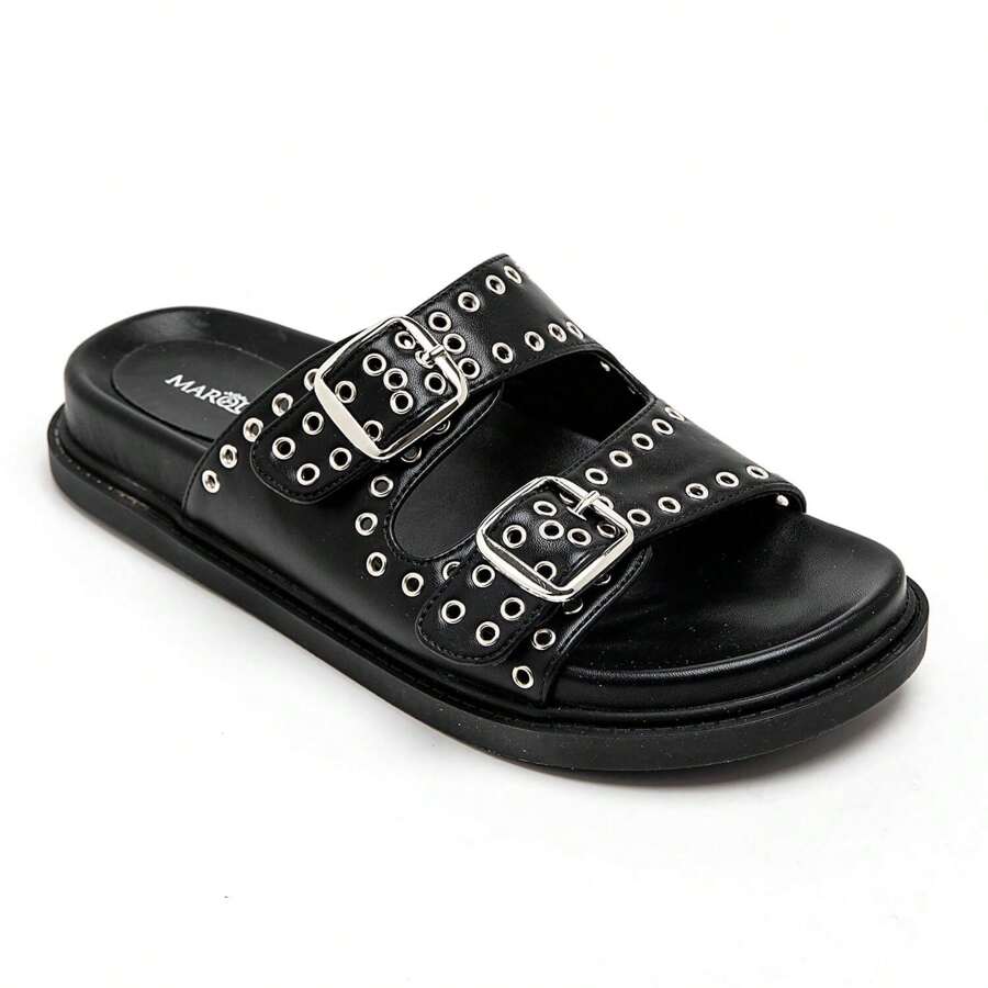 Flat Sandal With Double Straps And Metal Buckles - Black - View 1
