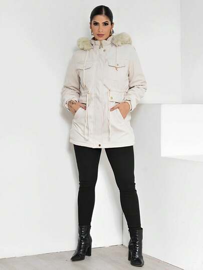 Parka casaco de sarja com bolsos casaco sobretudo longo feminina lançamento forrada pelucia com capuz touca removivel roupa de frio inverno cordão na cintura roupas de feminina