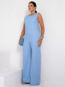 Elegant Linen Pantaloon Jumpsuit Wide Legs And Discreet Pockets - Baby Blue - View 1