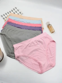 Paquete Set de 6 Calzones Corte Bikini Panties a la Cadera Ropa Interior de Mujer de Algodón de Encaje Materiales 95% Algodón 5% Spandex Tejido Elástico Material Transpirable Tela Suave al Tacto Ropa Interior Cómoda Diseño Ajustable Ideal para Uso Diario Unitalla Corte a la Cadera Banda Ancha Elástica Encaje Decorativo en Piernas Textura de Rayas Ajuste Perfecto para Tallas 5, 7 y 9 Diseño Liso Básico con Detalles Modernos Clásico y Femenino Colores Surtidos Multicolor Beige, Morado, Verde Militar, Azul Cielo, Rosa, Rosa Palo,  Ideal para Tallas Chicas a Medianas Cubre las Caderas Perfectamente Minimalista Flexible y Ligero Costuras Suaves Uso Diario Perfecto para Pantalones, Faldas o Vestidos, Ideal para Mujeres Activas, No aprieta ni Deja Marcas, Durable y Resistente al Lavado, Textura de Rayas, Discreto y Elegante, Cobertura Media Elasticidad en Cintura - Multicolor - Ver 1