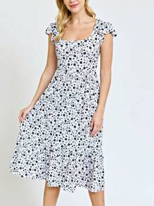 Boho Retro Ditsy Floral Flutter Puff Sleeve Square Neck Tiered Ruffle Tea Midi Length Classic Bridgerton Dress - Black and White - View 1