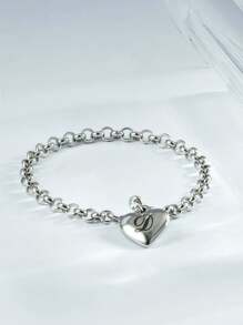 1pc Charm Bracelet With 26 Alphabet Letters, Chunky Jewelry, Heart Design, Suitable For Women And Teens, Perfect Christmas Gift