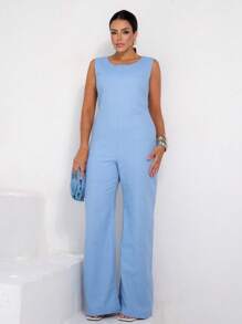 Elegant Linen Pantaloon Jumpsuit Wide Legs And Discreet Pockets - Baby Blue - View 3