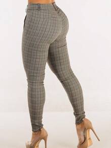 Butt Lift High Waist Plaid Skinny Pants Brown - Nhiều màu - Xem 5