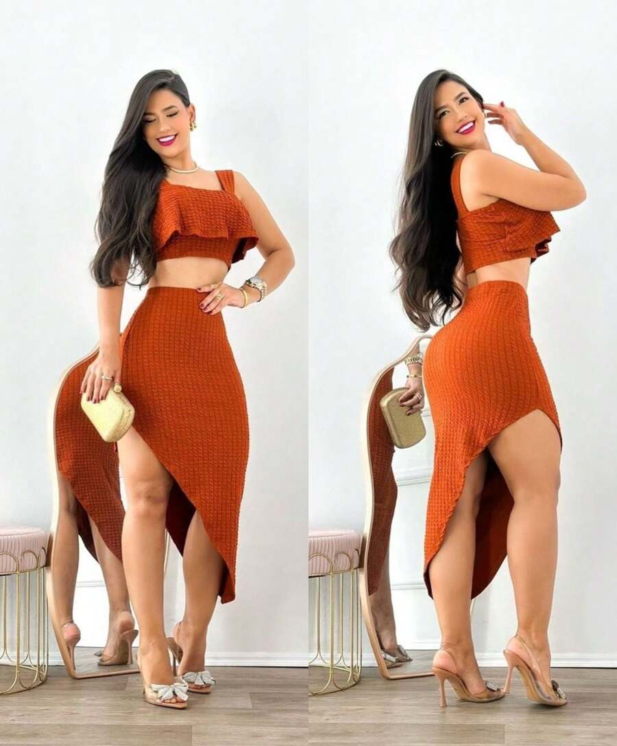 Women's Cropped Set With Ruffle And Skirt - Óxido marrón - Ver 1