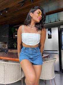 Women Denim Shorts - 中等水洗藍 - 查看 5