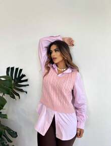 V-Neck Braided Knit Sweater Vest - Rusty Rose - View 2