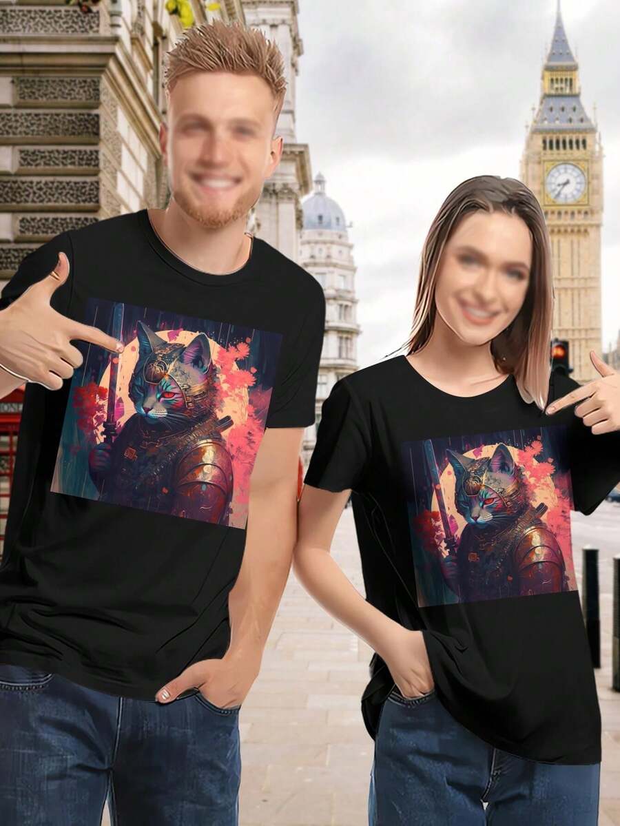 Lovers' T-Shirts Feline Samurai Fashionista - AI Art Cat T-Shirt For Women - Black - View 1