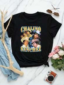 Lovers' Chalino Sanchez Retro Collage T-Shirt Hip Hop Fashion Style For Ladies - Black - View 1