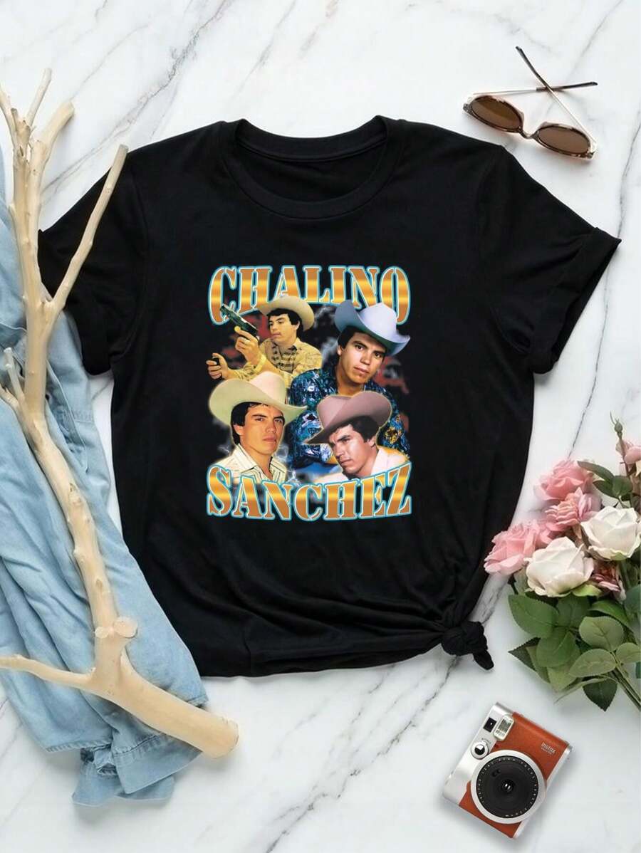 Lovers' Chalino Sanchez Retro Collage T-Shirt Hip Hop Fashion Style For Ladies - Black - View 1