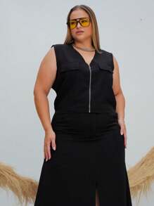 Plus Size Set Cropped Front Zipper And Long Slit Skirt - Black - View 4