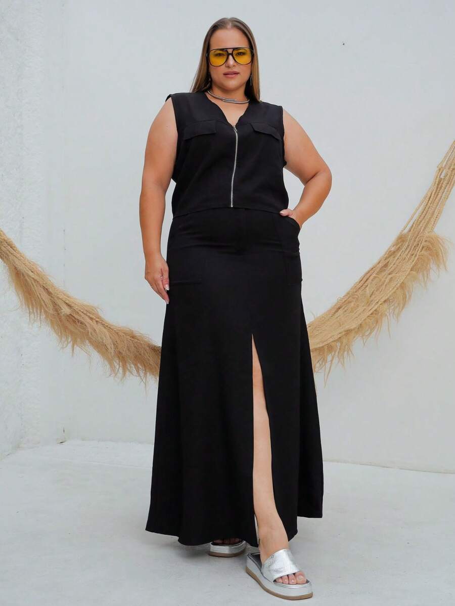 Plus Size Set Cropped Front Zipper And Long Slit Skirt - Black - View 1
