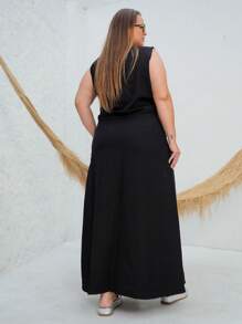Plus Size Set Cropped Front Zipper And Long Slit Skirt - Black - View 2