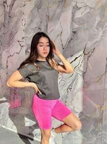 Pantalones cortos de Licra para mujer tipo biker ajustables deportivos con elástico en cintura - Rosa neon - Ver 2