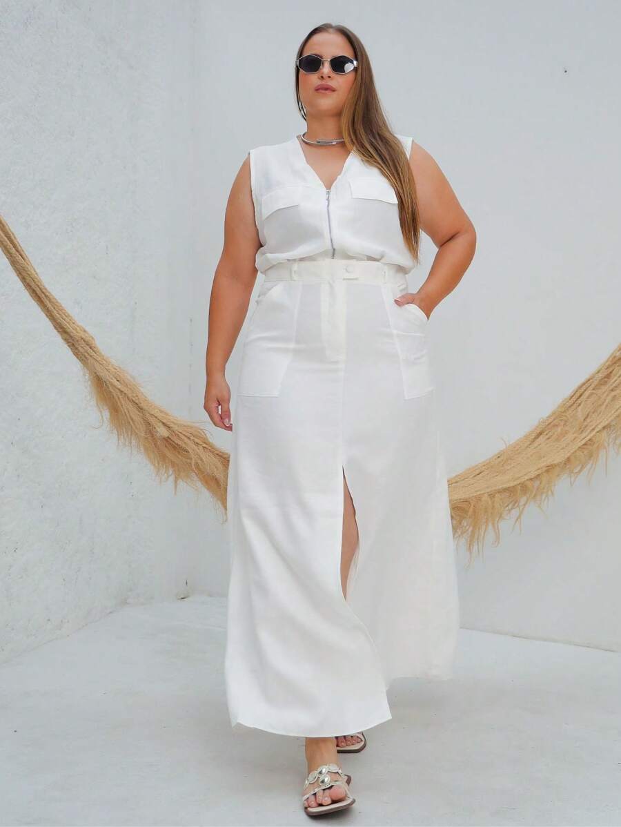 Plus Size Set Cropped Front Zipper And Long Slit Skirt - White - View 1