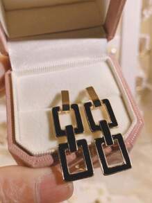 1 对经典欧美时尚镂空方形耳环，时尚拼色吊坠耳环，个性魅力珠宝，适合女性，秋冬 - 金色 - 查看 10