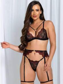 Trio Set Garter Belt Lace Biju Heart Unpadded Bra Bicolor Lace 2115 - màu đen - Xem 1