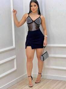 Conjunto luxuoso bory com bojo e regulagem pedraria+ short saia de fenda - Preto - Visão 1