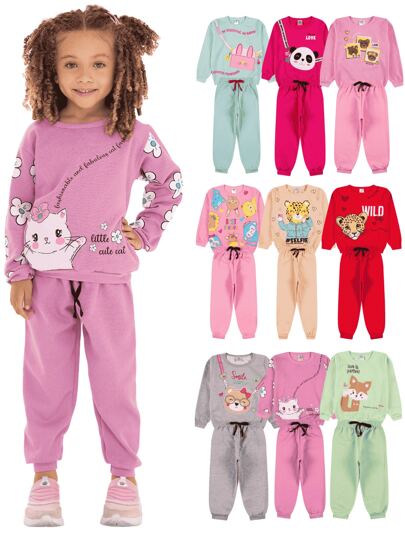 Kit 8 Peças de Moletom Infantil Menina - 4 Casacos + 4 Calças