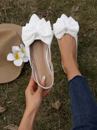 2025 Höst Damskor med Spetsiga Tå och Slip-On, Rosettdekor, Elastisk Remdesign, Vita Casual Eleganta Bekväma Ihåliga Platta Skor