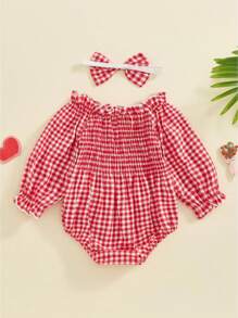 Infant Baby Girl Clothes Off Shoulder Plaid Romper Bodysuit 2Pcs Fall Clothes - Red - View 2