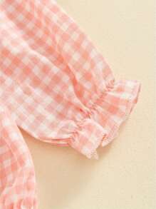 Infant Baby Girls Romper Ruffle Sleeve Pleated Smocked Bubble Plaid One Piece Ruched Jumpsuit Spring Fall Bodysuit - Rosa - Ver 4