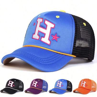1pc Men's H Letter Baseball Cap, Street Fashion Trucker Hat With Star Embroidery, Sun Protection Casual Mesh Cap For Spring/Autumn Outdoor Travel Beach Holiday