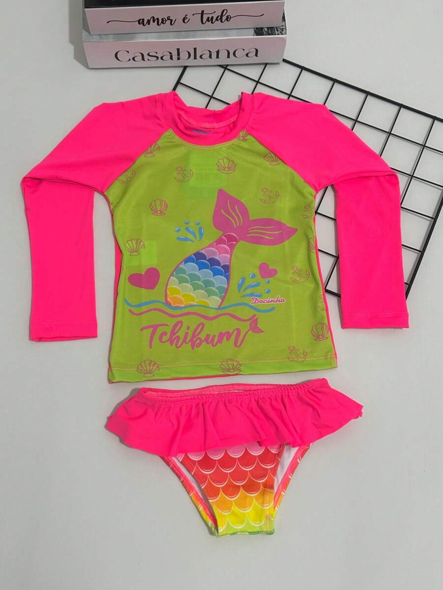 Long Sleeve Bikini + Panties UV Protection Kids Beachwear Beach Cover Up Baby Toddler Girl Mini Diva Blogger Model Summer Pool Photo Swimwear Swimming Costume - 綠色 - 查看 1
