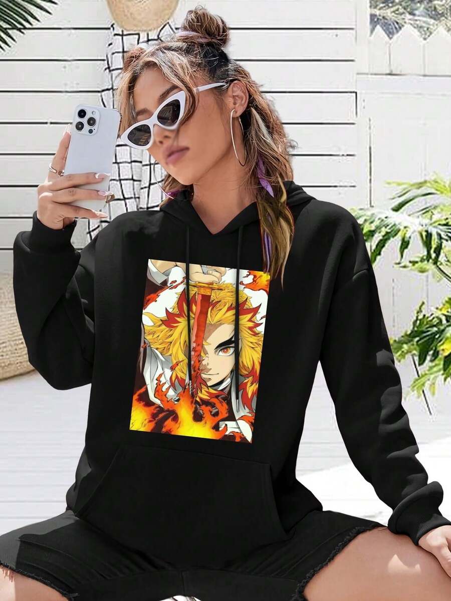 KYOJURO RENGOKU Merch VTG Big Size Women Hoodie Sweatwomen Hoodies (Kimetsu No Yaiba Kokushibo Rengoku For Ladies Pochit Makima) - 黑色 - 查看 1