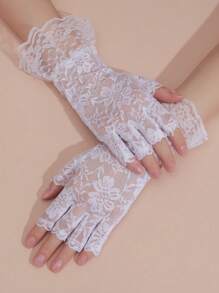 1 Pair White Bride Wedding Lace Half Finger Gloves, Suitable For Wedding Outfit Matching