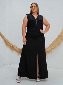 Plus Size Set Cropped Front Zipper And Long Slit Skirt - Black - View 3