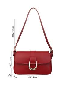 翻盖方形包金属装饰复古纯色方形单肩包百搭翻盖腋下钱包女士简约腋下包，勃艮第包和新年理想礼物，时尚商务休闲女士包，非常适合办公室、商务和工作，时尚勃艮第包 - 酒紅色 - 查看 5