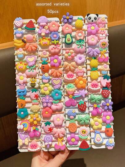 50pcs Random Cute Cartoon Style Hair Scrunchies, Sweet Design Hair Accessories Suitable For Daily Use