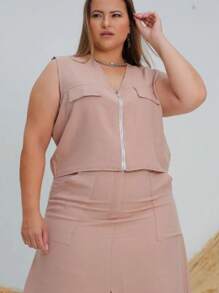 Plus Size Set Cropped Front Zipper And Long Slit Skirt - Rusty Rose - View 3
