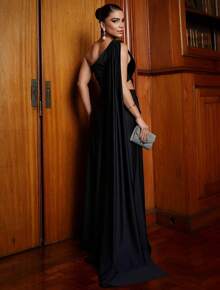 Bridesmaid Dress For Graduation Guests With Cape Sleeves In Satin Trilobal, Fuchsia, Olive Green, Emerald, Terracotta, White Or Black Bride - màu đen - Xem 2