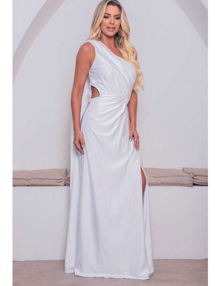 Bridesmaid Dress For Graduation Guests With Cape Sleeves In Satin Trilobal, Fuchsia, Olive Green, Emerald, Terracotta, White Or Black Bride - 白色 - 查看 1
