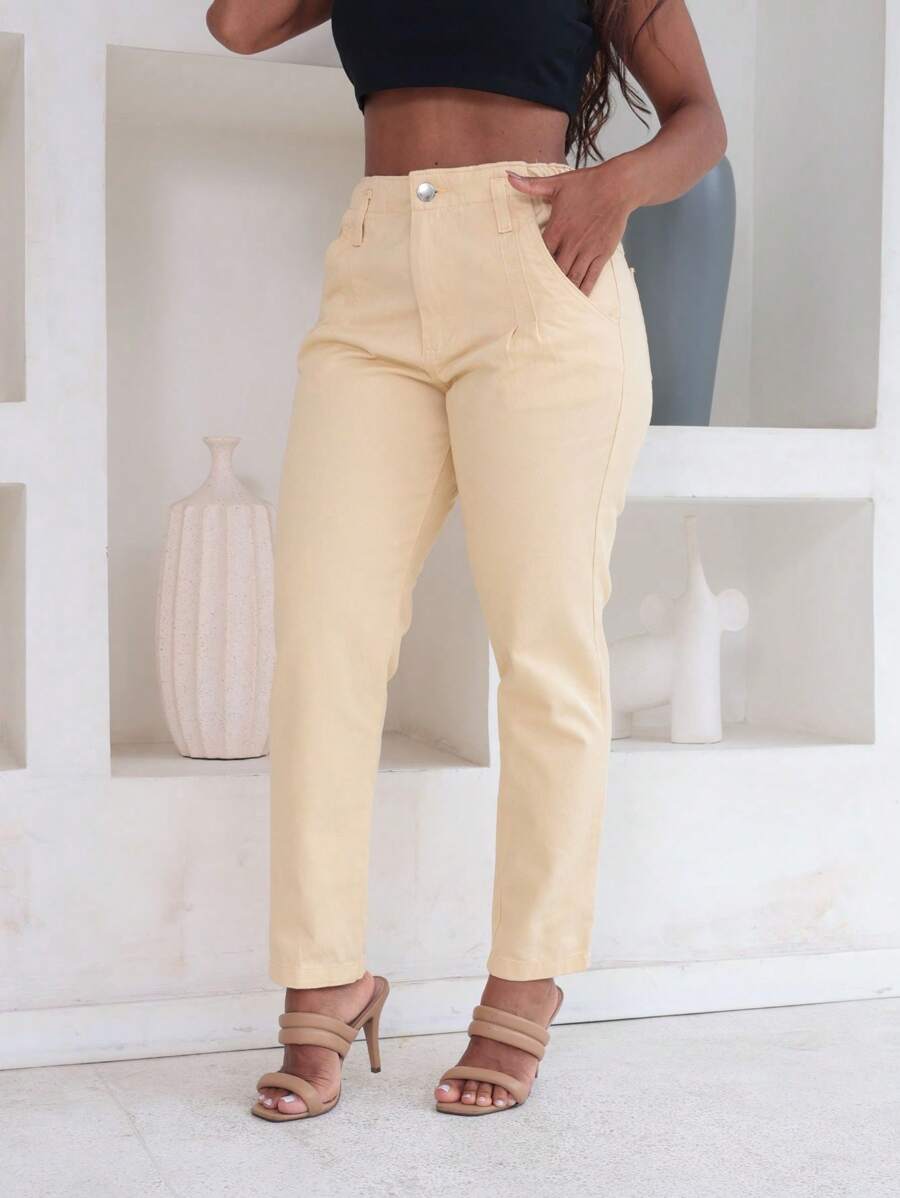 Traditional Women's Jeans With Iron Button - Yellow - View 1