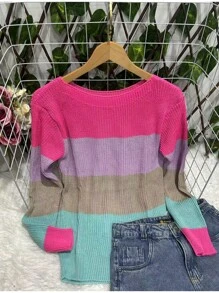 Blusa Tricot Com Manga Longa Colorida Listrada  Inverno - Fúcsia - Visão 2